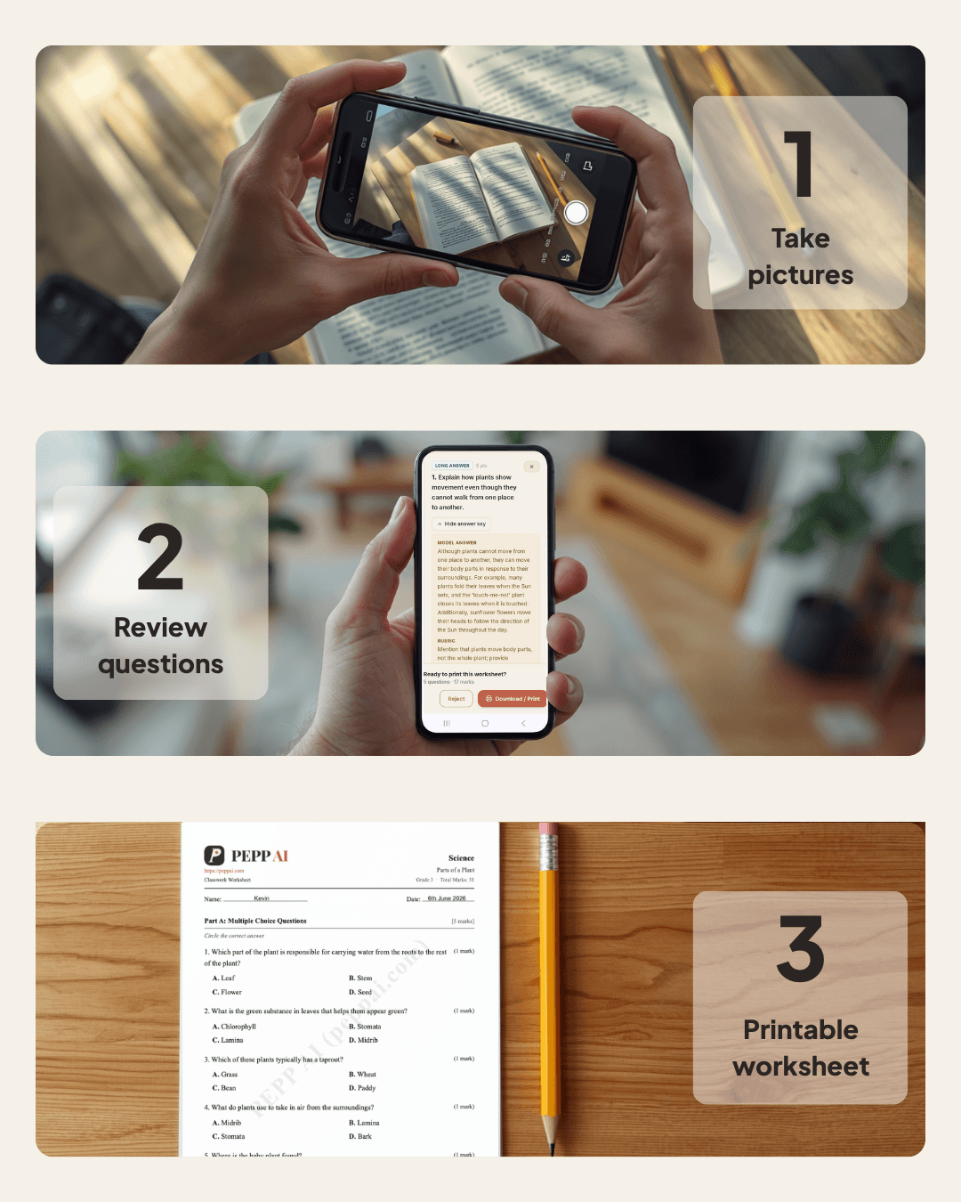 Three steps: take a picture of the textbook chapter, review the AI-generated questions, and print the finished worksheet.